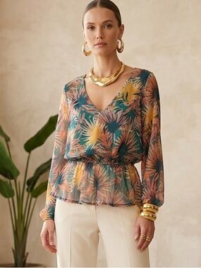 Willow & Root Tropical Mesh Blouse Top Size M Sheer Palm Leaf V-Neck Peplum Boho